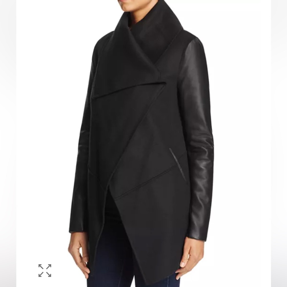 Mackage Vane Draped Wrap Leather-Sleeve Coat, Black, XS